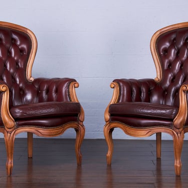 Antique French Louis XV Style Maple Armchairs W/ Buttoned Burgundy Leather 