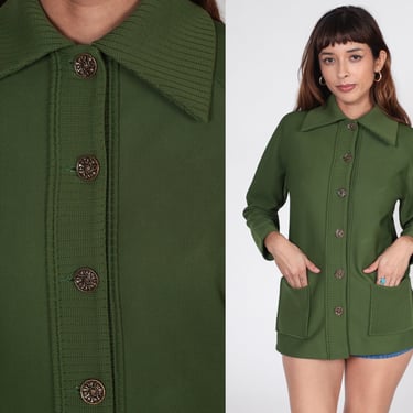70s Jacket Dark Green Over Shirt Retro Plain Button Up Long Raglan Sleeve Polyester Knit Jacket Hipster Collar Vintage 1970s Retro Medium 