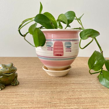 Vintage Pink Ceramic Planter with Attached Dish 