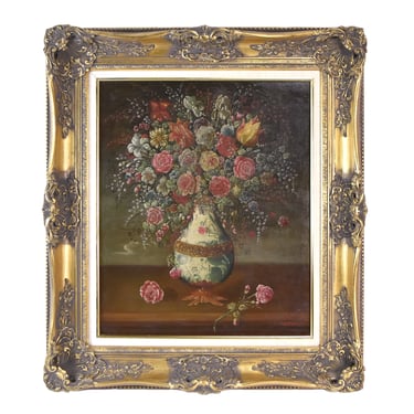 Vintage Oil Painting Floral Flowers Still Life w Vase signed Stevens Ornate Frame 
