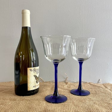 2 Cobalt Blue Stem, Tulip Shape, Wine Glasses or Water Goblets - Durand, 1980's, 