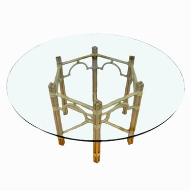 Faux Bamboo Dining Table with 53" Round Glass Top - Vintage McGuire Style Hexagon Pedestal Rattan Boho Coastal Hollywood Regency Furniture 