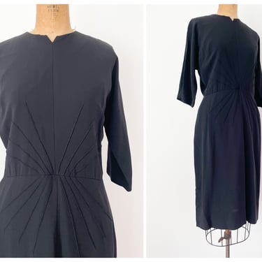 Vintage 1950’s A. Pornette elegant black crepe dress with sunburst pintucks | designer dress, 3/4 length sleeves, below the knee, M 
