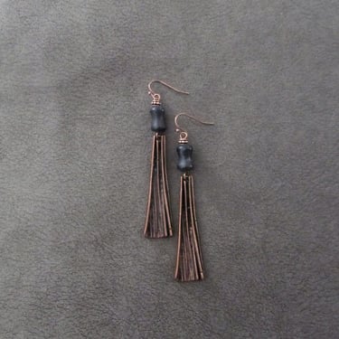 Long etched copper ethnic earrings 