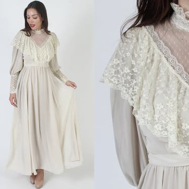Vintage 70s Victorian Lace Dress, Floral Embroidered Sheer Ruffle, Historical Period Antique Wedding Gown 