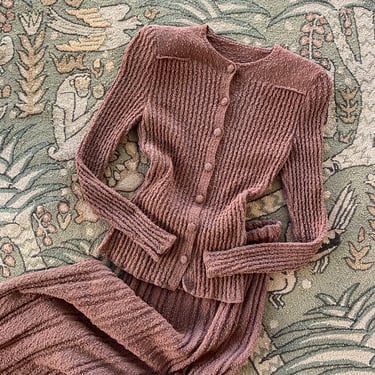 1940s Light Brown Wool Boucle Knit Set - Size XS/S