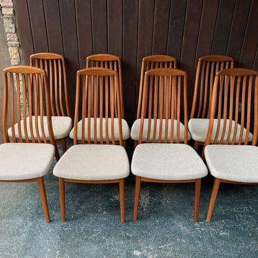 1970s Danish Teak Dining Chairs Set of 8 Vintage Mid-Century Scandinavian Modern Slatted Spindle High Back 