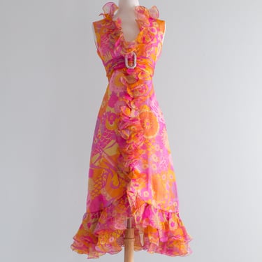 Fabulous 1960's Psychedelic Silk Organza Party Dress / Small