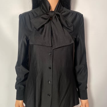 Vintage 70s Black Nylon Tie Collar Blouse Size M 