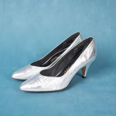 Vintage 80s Rafael Blantini Silver Fabric Pointy Toe Heels / 6.5B 