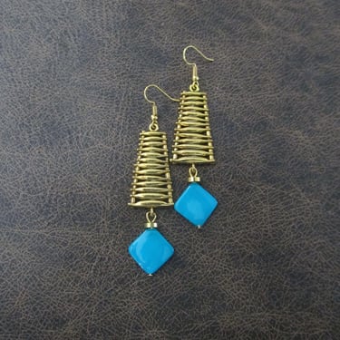 Mid century modern blue mother of pearl and gold earrings 