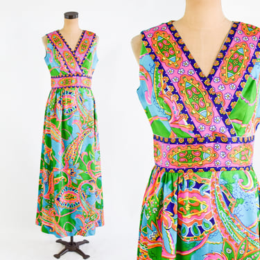 1970s Green Floral Maxi Dress | 70s Green Abstract Maxi Dress | Op Art Maxi | Medium 