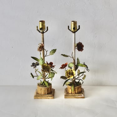 Italian Tole Flowers Table Lamps Vintage Mid-Century- a pair 