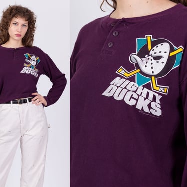 90s Anaheim Mighty Ducks Henley Shirt - Men's Medium, Women's Large | Vintage Purple NHL Hockey Graphic Long Sleeve Tee 
