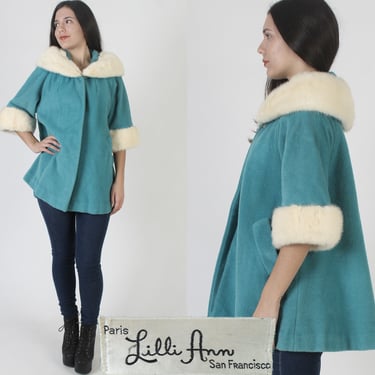 Lilli Ann Blonde White Mink Princess Coat, Vintage 60s Mohair Style Swing Jacket, Real Fur Designer Mod Overcoat 