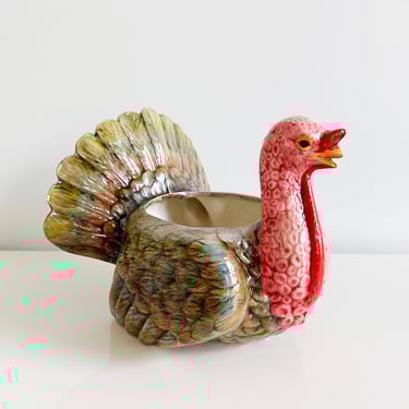 Colorful Hand Painted Ceramic Turkey Planter Vintage 