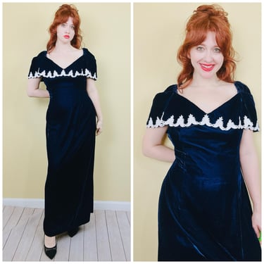 1980s Vintage Blue Velvet Lace Trim Maxi Dress / 80s Volup Off Shoulder Glamorous Evening Gown 1X 