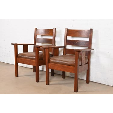 Stickley Brothers Antique Mission Oak Arts & Crafts Lounge Chairs, Pair