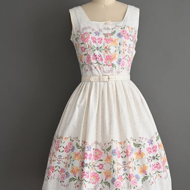 Vintage 1950s Dress | Dead Stock White Cotton Pink Floral Print Full Skirt MCM Day Dress | Medium 