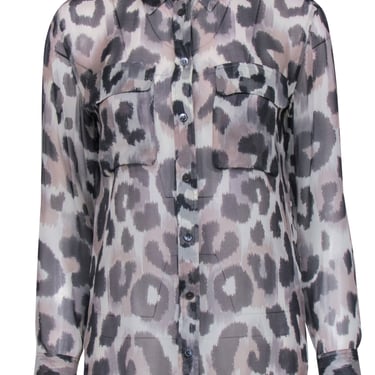 Equipment - Grey Leopard Sheer Silk Long Sleeve Shirt XS