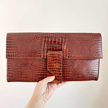 Vintage 1980s Embossed Leather Envelope Clutch / Shoulder Convertible Bag 