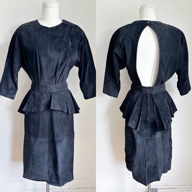 Vintage 1980s Black Backless Leather Peplum Dress / XS 