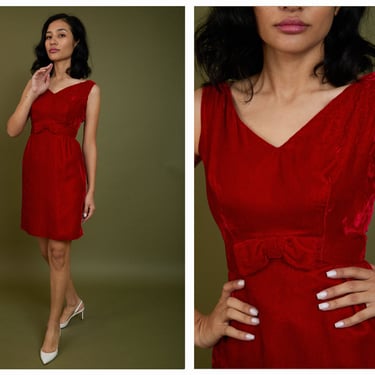 Vintage 1960s 60s Ruby Red Velvet Empire Waist Pencil Skirt Mini Dress w/ Red Satin Lining & Bow Detail 