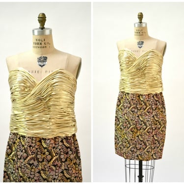 80s Prom Party Dress Vintage Metallic Gold Dress Large By Rose Taft Couture// Vintage Gold Strapless Dress 80s Glam Pageant Dress Large 