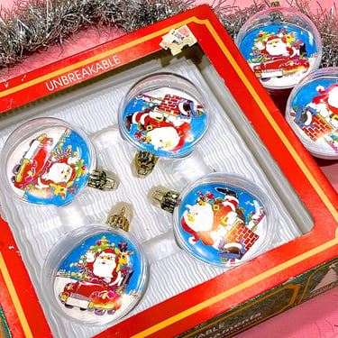 VINTAGE: 6pcs - Unbreakable Plastic Christmas Ornaments - Trim a Home Ornament - Kmart - Santa Ornaments - 