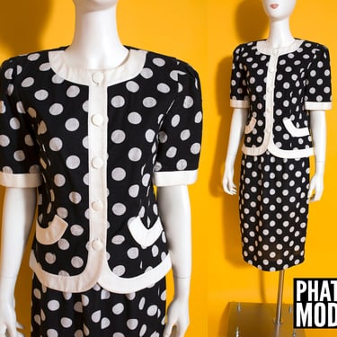 Iconic Dapper Vintage 80s 90s Black & White Polka Dot Two-Piece Skirt Set 
