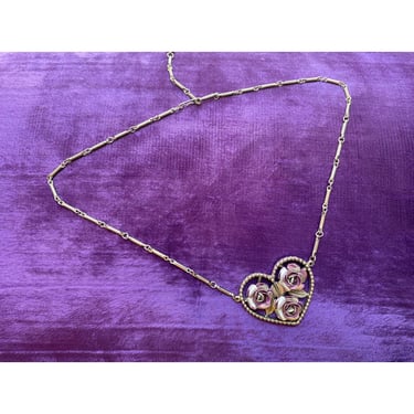 vintage 1980s purple roses 3-d heart necklace 80s jewelry silvertone novelty 