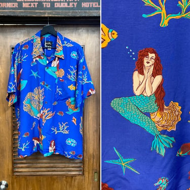 Vintage 1980’s 1950’s Style “Nick & Nora” Mermaid Underwater Fish Rayon Hawaiian Shirt -Deadstock- 80’s Vintage Clothing 
