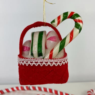 Vintage Embellished Flocked 1970 Candy Basket Ornament, Old World Ribbon Candy, Christmas Candy Ornament, Candy Cane, Old Japan Red PInk 