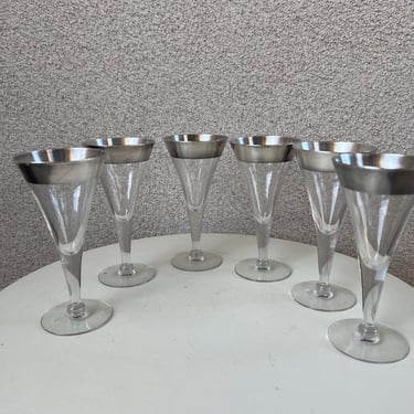 Vintage Glasses Cordials Set 6 Mini Wine Silver Rims Dorothy C Thorpe. 
