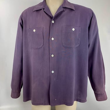 1950's Long Sleeve Shirt - Gray Rayon - PARKINGTON Label  - Buttondown Patch Pockets - Loop Collar - Men's Size Large 