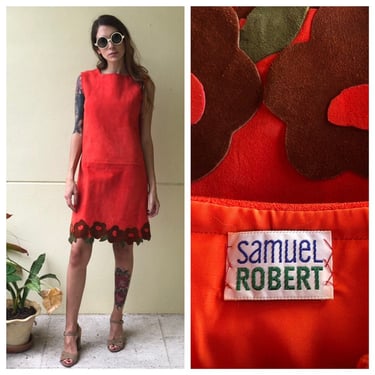 1960s Samuel Robert Dress / Orange Suede Leather Shift Dress / Mod Suede Leather Midi Dress / Flower Leaf Appliqués / Iconic Designer Dress 