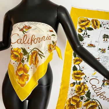 Vintage CALIFORNIA Scarf | 100% Rayon Souvenir 1950s 60s Map Design with Hollywood Studios, Olvera Street, Knott's Berry Farm + much more! 