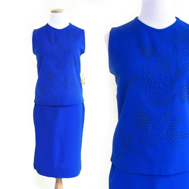 MOD Two-Piece Knit Dress with Flower Design, Sleeveless Top, Slim Skirt, Bright Cobalt Blue Dress, Sixties Dress, Vintage Size 9/10 w/Tags 