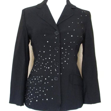 Vintage 90s Moschino Black Jacket, Small Women, Clear Rhinestone Studs 