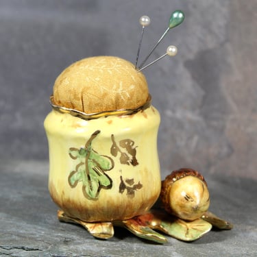 Autumn Acorn Upcycled Pin Cushion | Vintage Golden Acorn Pin Cushion | Upcycled Quilter's Gift | Handmade by Bixley Shop 