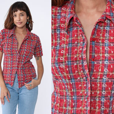 90s Plaid Blouse Red Embroidered Button Up Shirt Short Sleeve Eyelet Collared Top Checkered Preppy Casual Summer Vintage 1990s Small Medium 