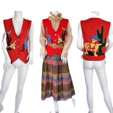 Kristi Smart 1980's Red Felted Wool Skeleton Patchwork Vest I Sz Med I Santa Fe I Tex -Mex I Day of the Dead 
