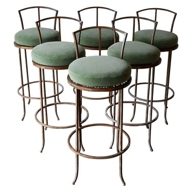 Set of 6 Vintage Iron and Mohair Barstools