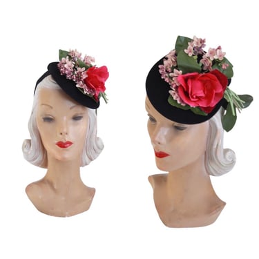 1940s Pink Rose & Lilac Floral Black Tilt Hat - 1940s Rose Tilt Hat - 1940s Black Tilt Hat - 1940s Tilt Hat - 1940s Floral Tilt Hat 