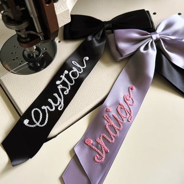 Custom chainstitched / embroidered satin hair bows — clips & barrettes — hair accessories — personalized gifts 