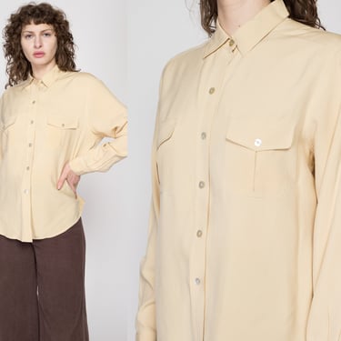 Large 90s Butter Yellow Silk Abalone Button Up Blouse | Vintage Minimalist Oversize Long Sleeve Collared Shirt 