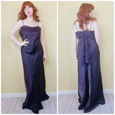 1990s Vintage Poly Irisdecent Purple Goddess Gown / 90s Y2K Fairy Core Back Sas Grecian Bias Cut Maxi / XL 