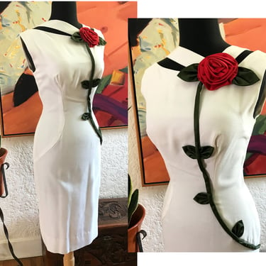 Lovely Vintage 1960's Summer Cocktail Dress with 3D Red Rose Appliqué wiggle dress -Size Medium/ Small 