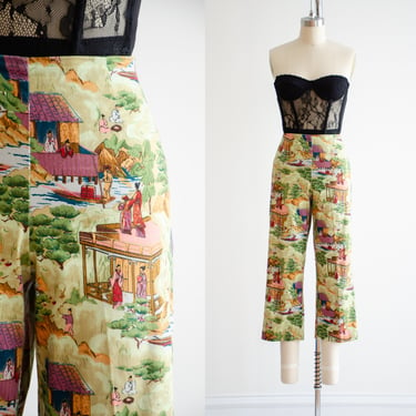 high waisted pants y2k vintage Asian chinoiserie novelty print cropped pants capris 