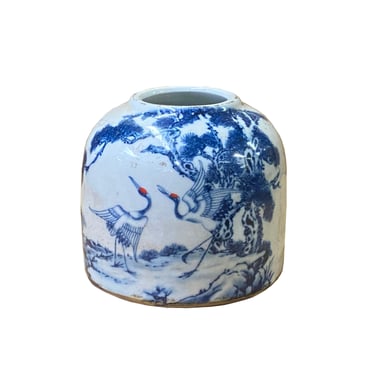 Chinese Blue White Porcelain Cranes Graphic Round Holder Vase ws2007E 